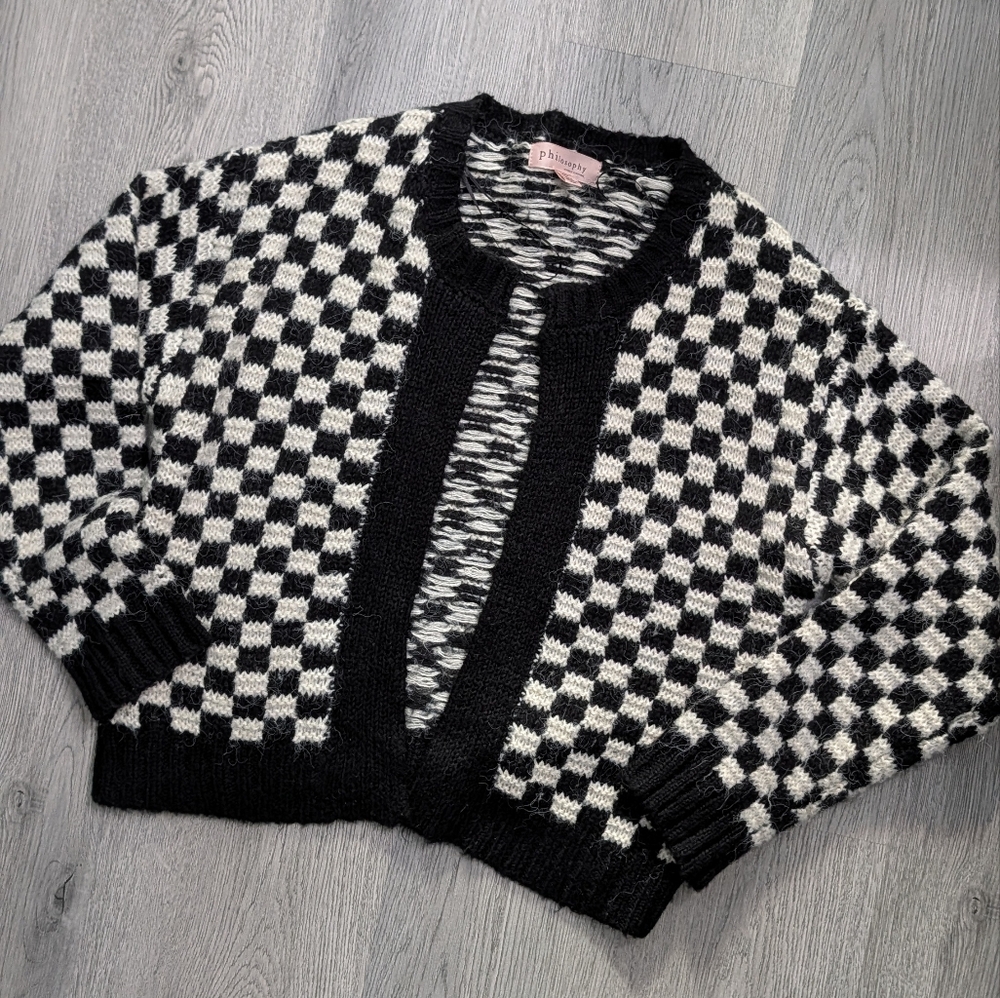 Anthropologie Black and White Checkerboard Cardigan